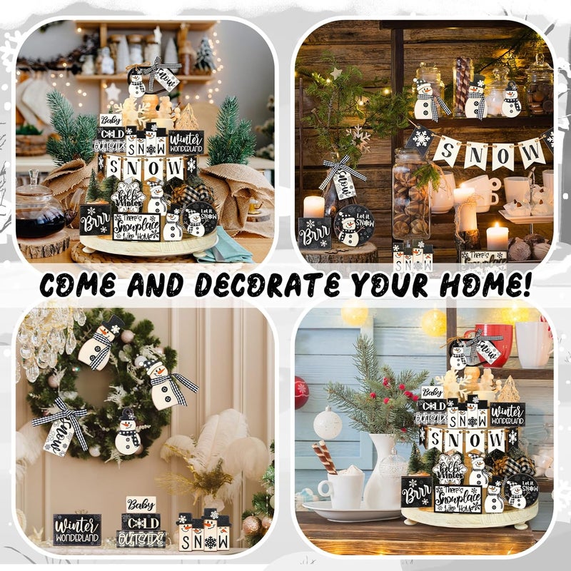 Funnymoom 24 Pcs Winter Tiered Tray Decor Set Winter Tiered Decorations Snowman Wooden Signs Snowflakes Table Centerpieces Without Tray Black White Farmhouse Frosty Snow Themed for Home Table - Image 5